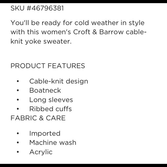 CROFT & BARROW Cable Knit Yoke Boatneck Sweater ❤️ - Picture 10 of 10